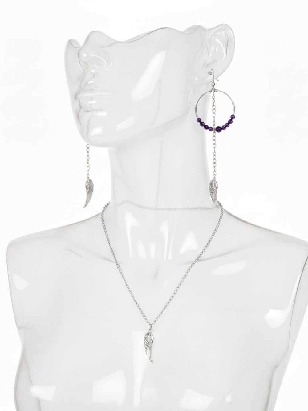 Silver-Tone Purple Bead Wing Pendant Necklace and Earring Set
